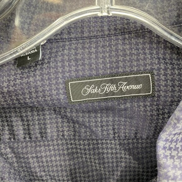 Saks Fifth Avenue Grey Navy Houndstooth Button Front Shirt Cotton Mens Large - Picture 4 of 5